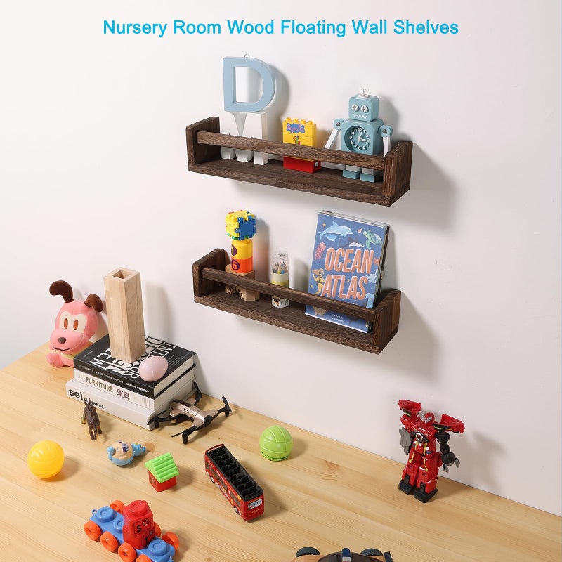 JORIKCHUO Nursery Book Shelves, Set of 2 Wood Floating Book Shelves for Kids Room, Kitchen Spice Rack, or Rustic Wall Mounted Shelves for Farmhouse Bathroom DÃ©cor (Carbon Brown) - Image 4